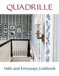 Quadrille lookbook cover featuring a blue and white hallway with wallpaper and a gallery wall.