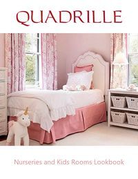 Pink bedroom with ruffled bed skirt and curtains, framed headboard.
