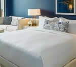 White bed with white comforter, bedside lamp, and blue accent wall.