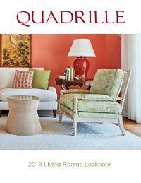 Cover of Quadrille 2019 Living Rooms Lookbook: living room setting with a white sofa, green chair, orange wall.