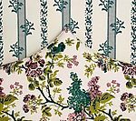 Floral and stripe fabric swatches in shades of green, purple, and cream.