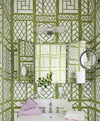 Bathroom with trellis pattern wallpaper, open mirror with sink and toiletries. Green and white.