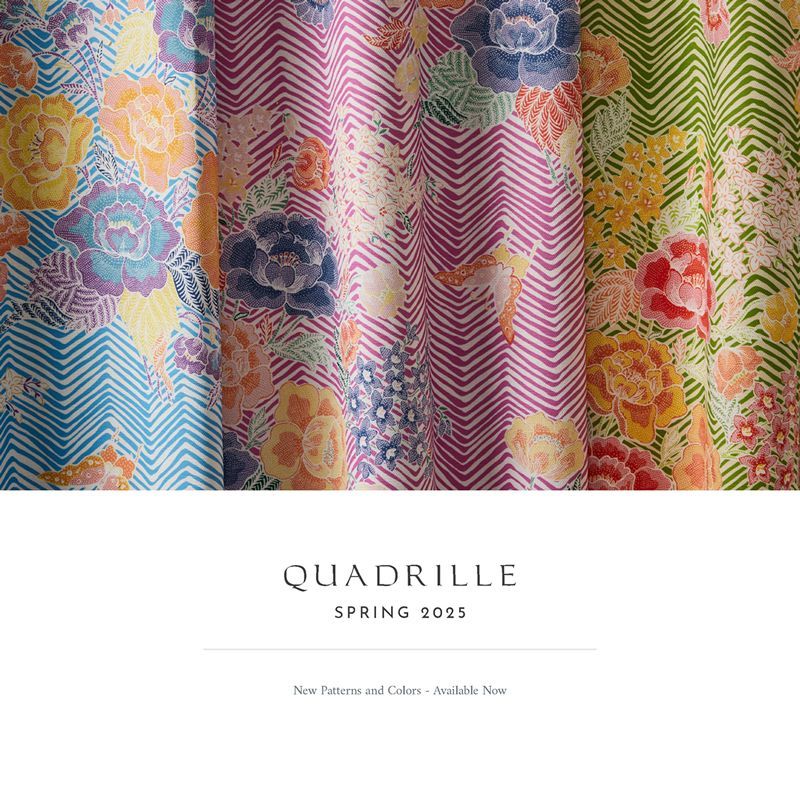Fabric swatches with floral and chevron patterns in various colors, Quadrile Spring 2023.