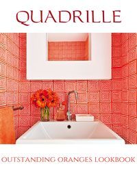 Red and white bathroom with sink, mirror, and orange floral arrangement; Quadrille lookbook cover.