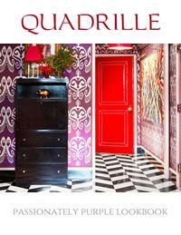 Quadrille lookbook cover featuring a black cabinet, purple patterned walls, and a red door.