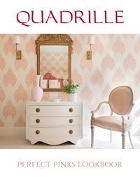Pink and white bedroom with a chest of drawers, chair, and patterned wallpaper.