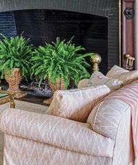 Living room with a light pink patterned sofa and potted ferns near a fireplace.