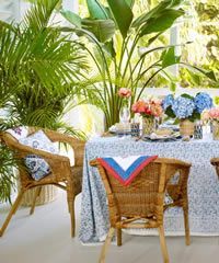 Wicker chairs around a table set for dining on a porch, surrounded by lush plants.