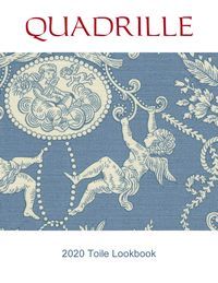 Quadrille 2020 Toile Lookbook cover, blue and white fabric with cherubs and scrollwork.