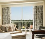 Hotel room with a balcony view of trees, sofa, small table, and a desk.