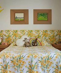 Bedroom with yellow floral bedding and headboard, two framed landscape paintings, and stuffed rabbits.