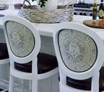 Two white bar stools with patterned backs and dark brown seats at a kitchen counter.