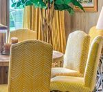 Yellow upholstered dining chairs, curtains, and a tree in a sunny dining room.