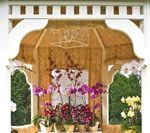 Orchids in pots on a window sill within a white gazebo with arched openings; foliage background.