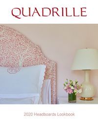 Quadrille 2020 headboards lookbook cover: pink upholstered headboard, lamp, and flowers on a nightstand against a pink wall.