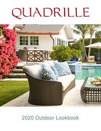 Quadrille 2020 Outdoor Lookbook cover: outdoor furniture set by a pool with a house and red flowers.
