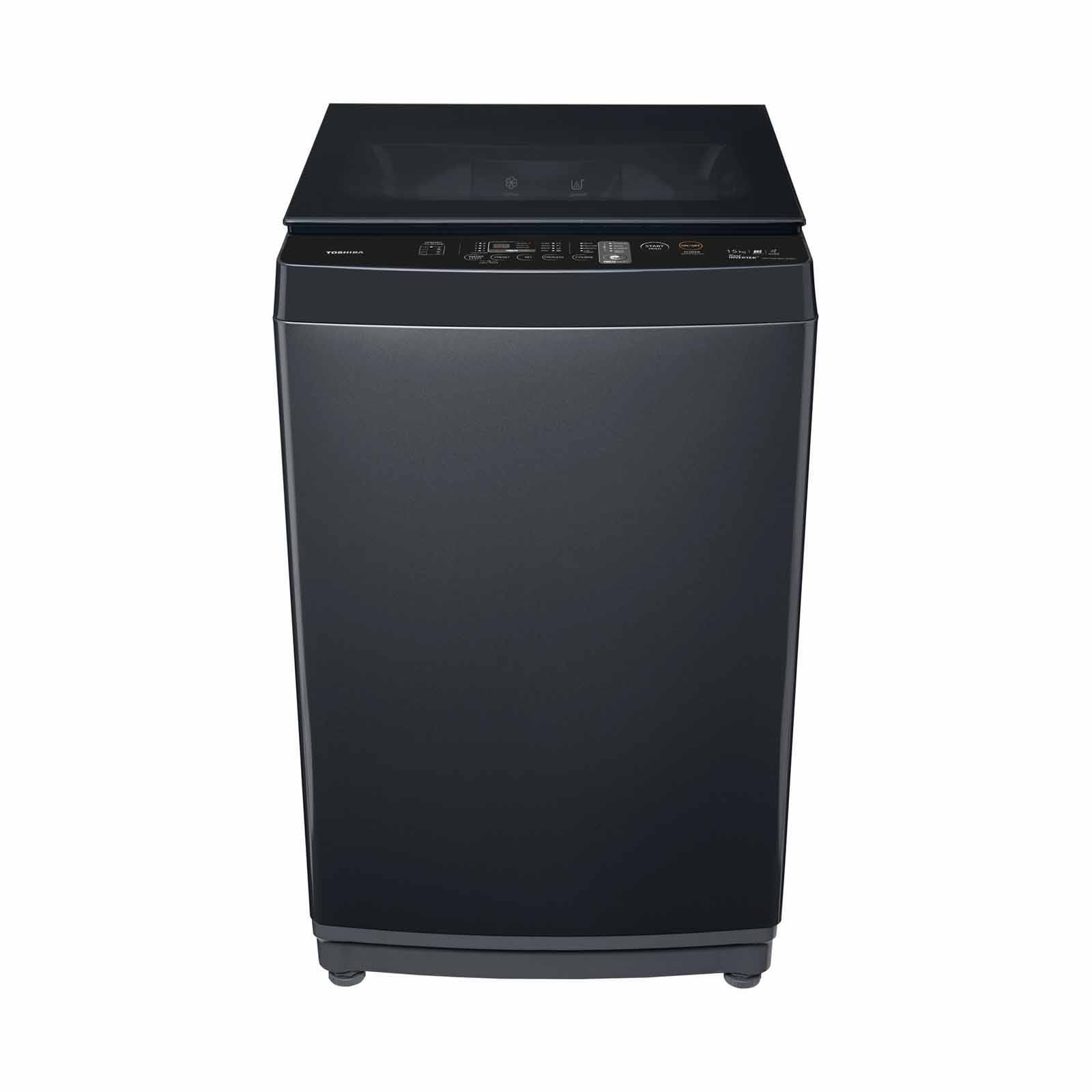 A gray washing machine with the lid open on a white background