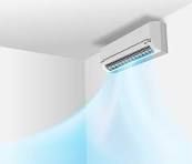 A white air conditioner is blowing blue air from the ceiling.
