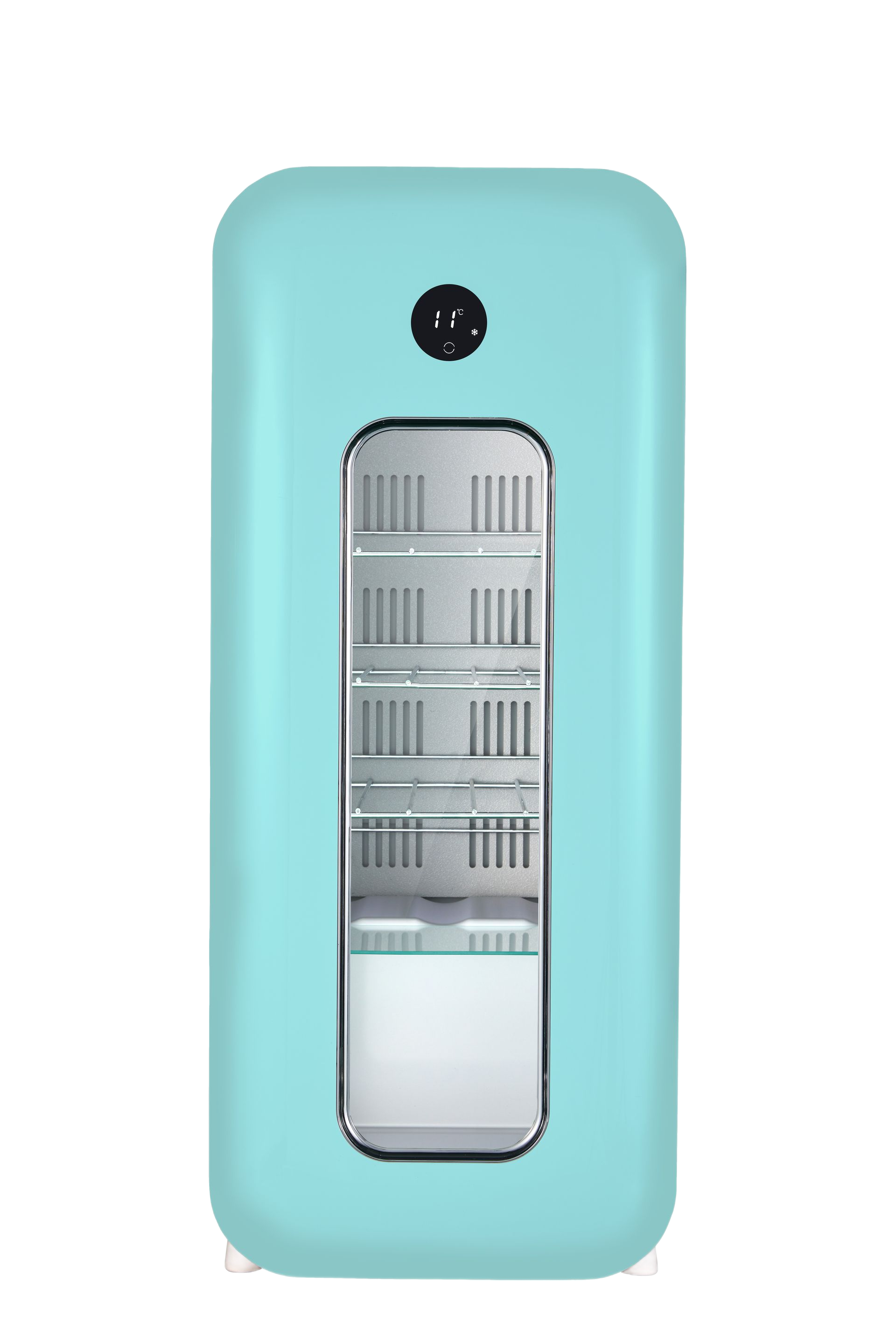 White wine refrigerator with visible bottles and two red cans.