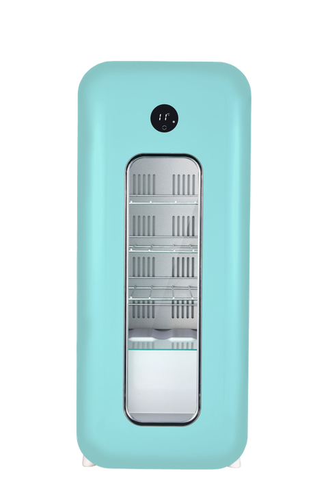 White wine refrigerator with visible bottles and two red cans.