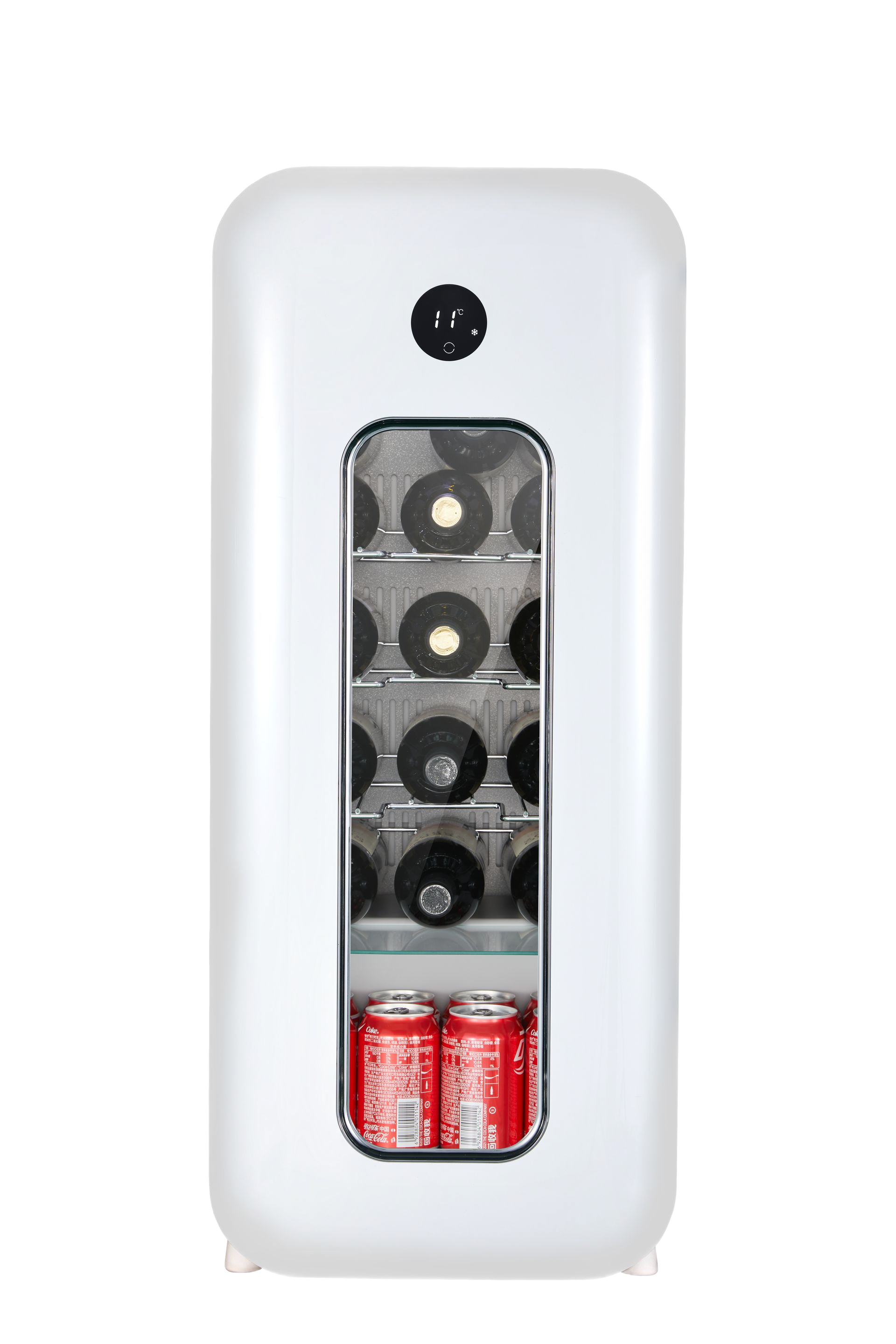 White wine refrigerator with visible bottles and two red cans.