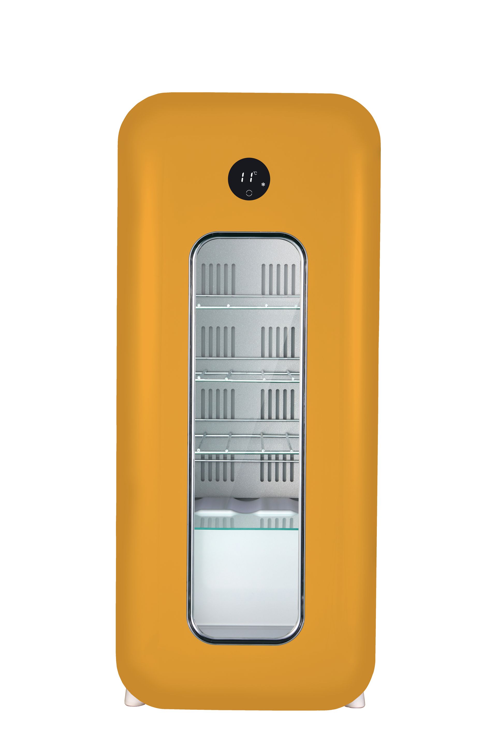 White wine refrigerator with visible bottles and two red cans.