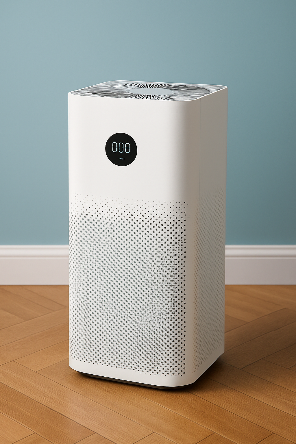 A white dehumidifier is sitting on a wooden floor next to a wall.
