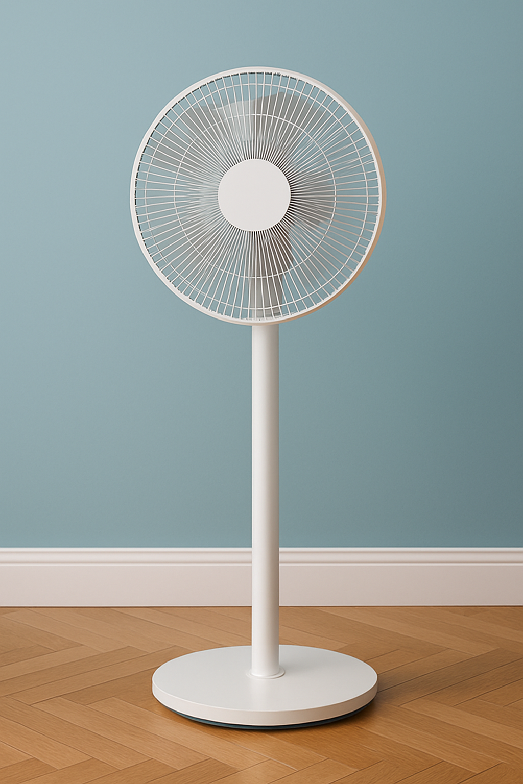 A silver fan is sitting on a white surface.