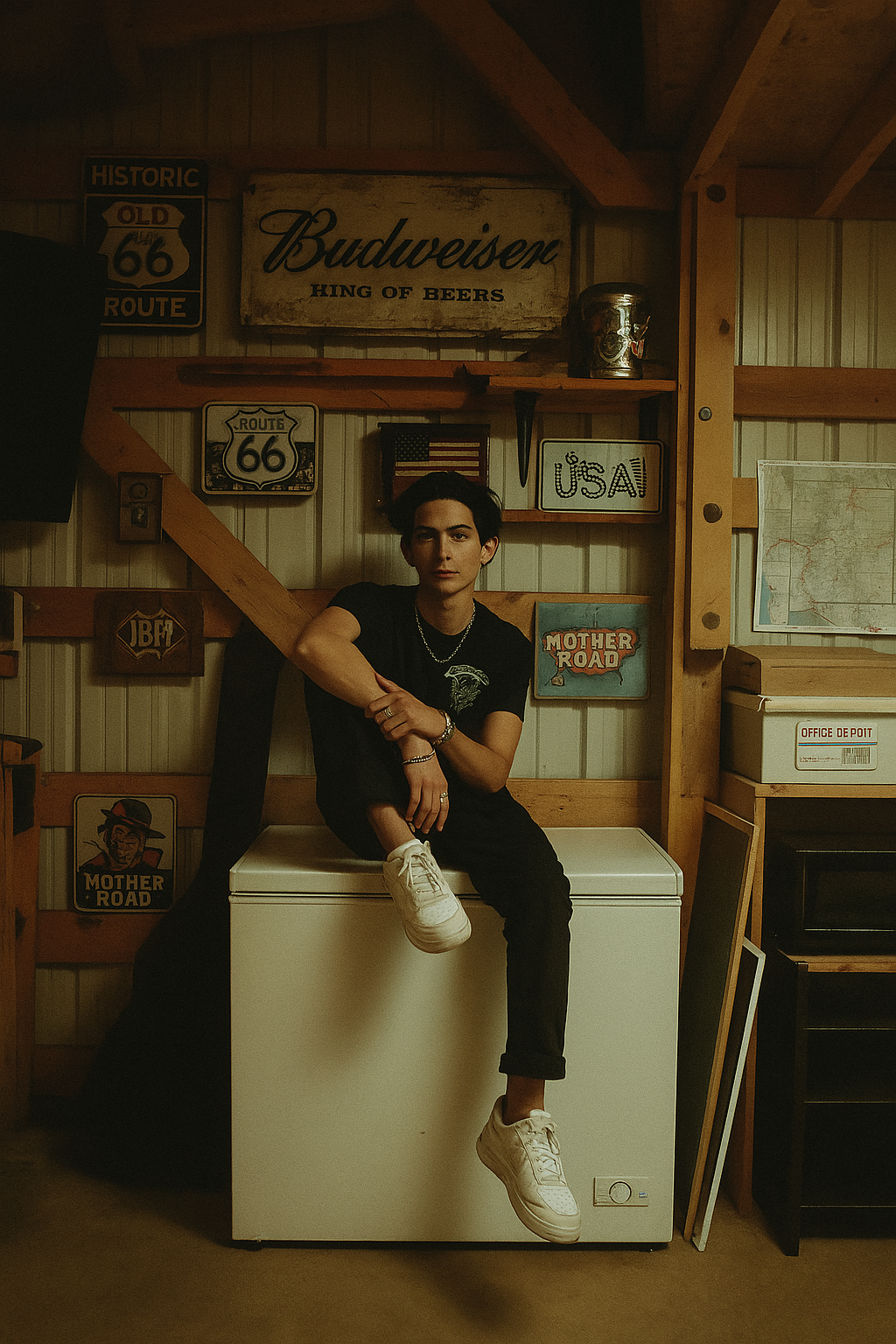 A young man is sitting on top of a freezer in a room.