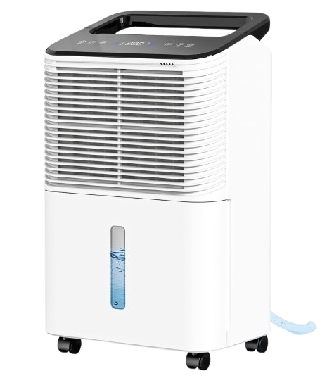 A white dehumidifier is sitting on a wooden floor next to a wall.