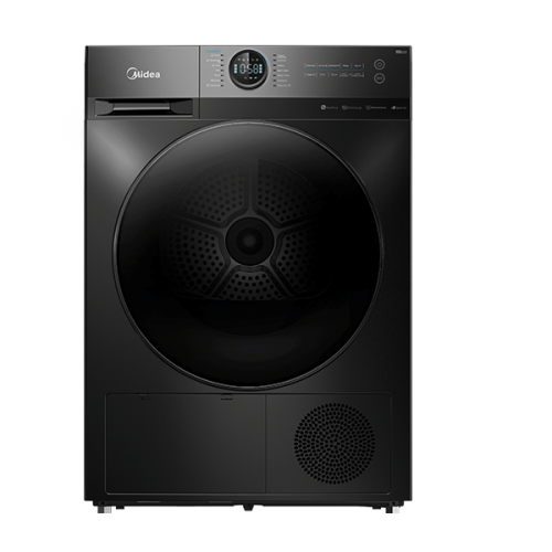 A black dryer is sitting on a white surface.