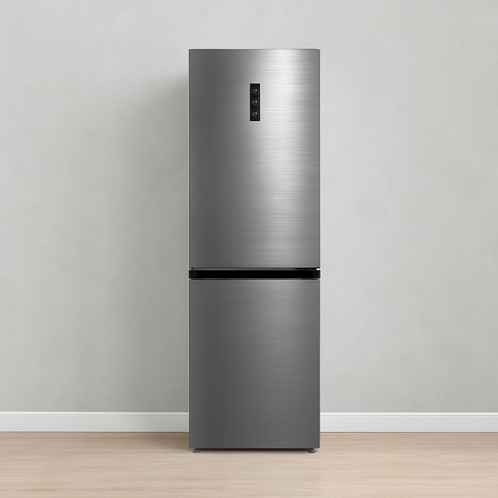 An open refrigerator filled with fruits and vegetables in a kitchen.