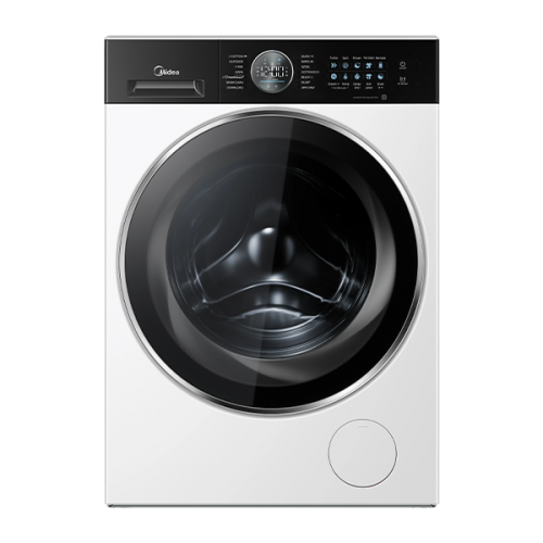A white washing machine with a black door on a white background.