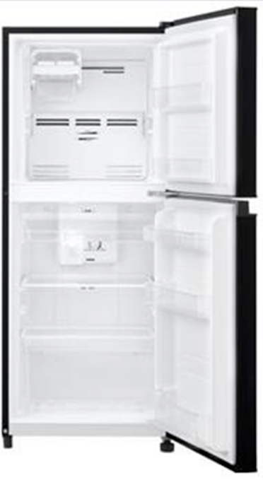 A black refrigerator with a glass door on a white background.