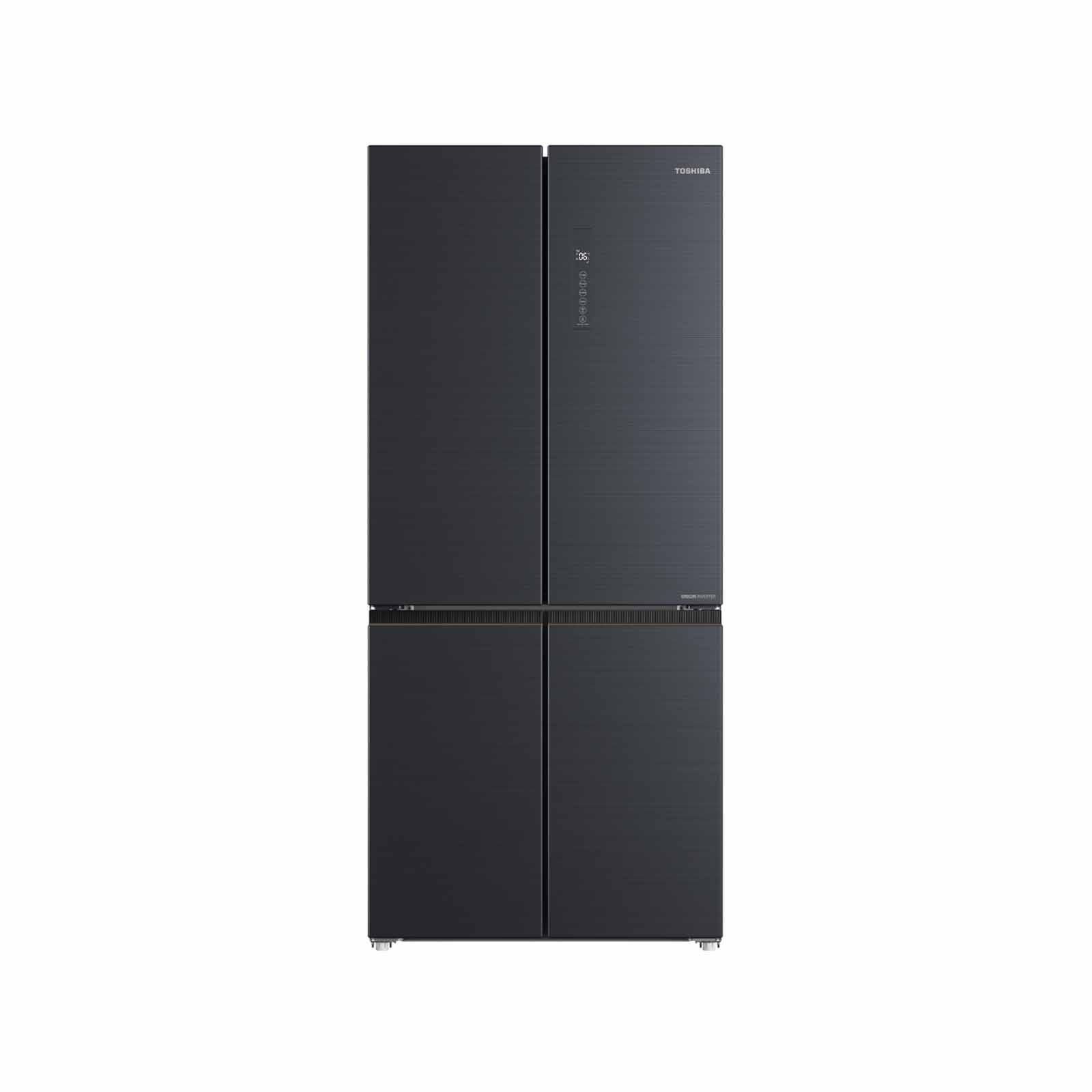 A black refrigerator with a good rating on it