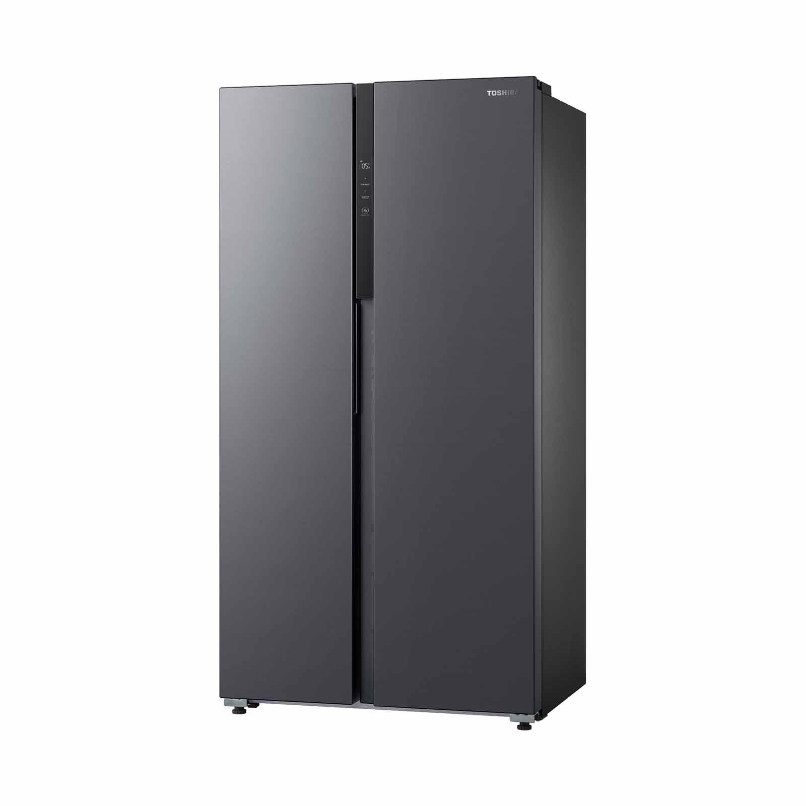 A black side by side refrigerator on a white background