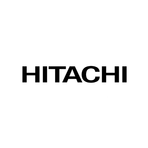 The hitachi logo is black and white on a white background.