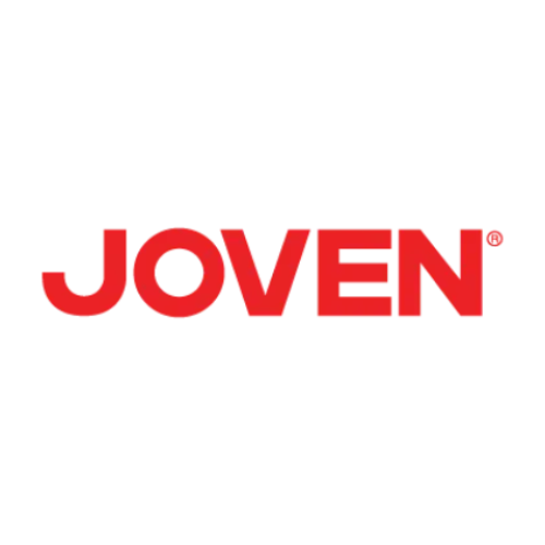 A red and white logo for joven on a white background