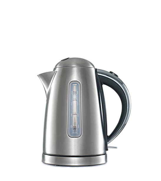 A stainless steel electric kettle with a black handle on a white background.