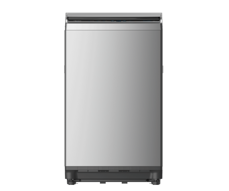 A stainless steel dishwasher is sitting on a white surface.