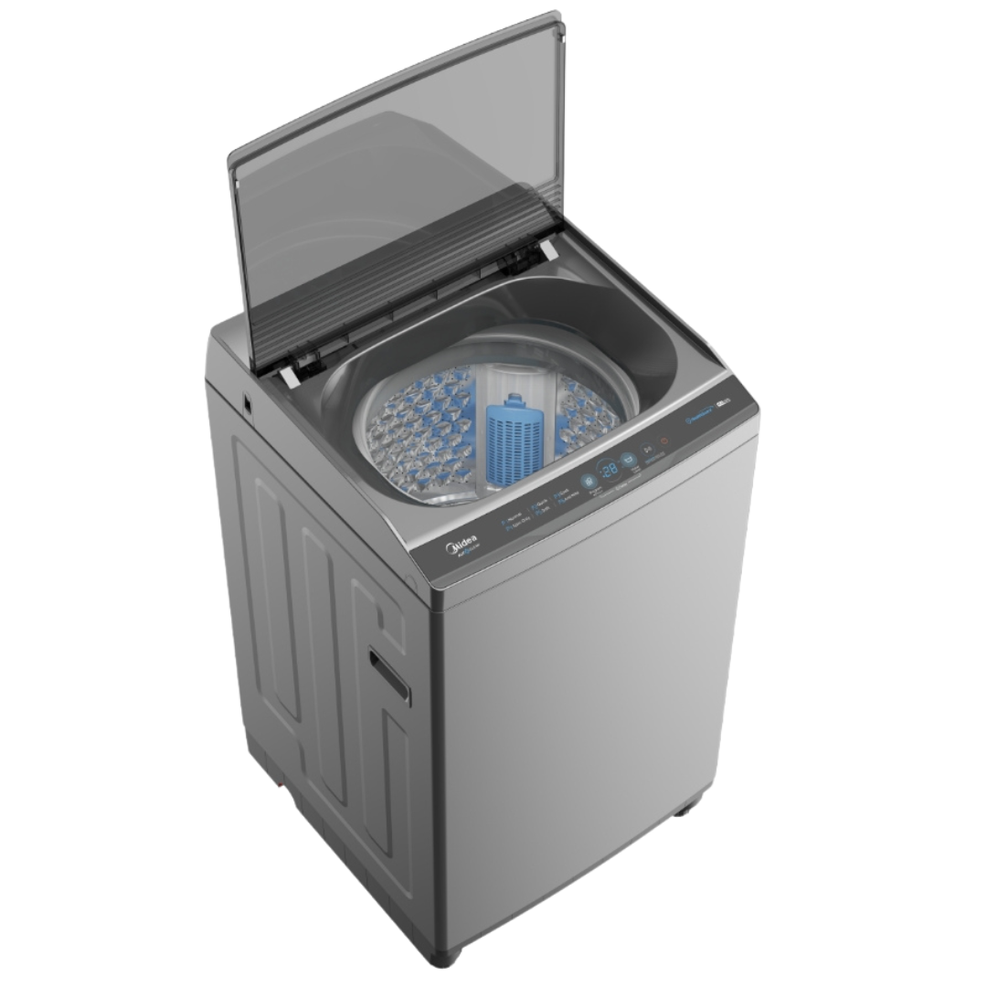 A washing machine with the lid open on a white background