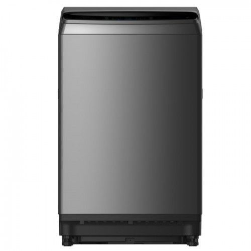 A black washing machine on a white background.