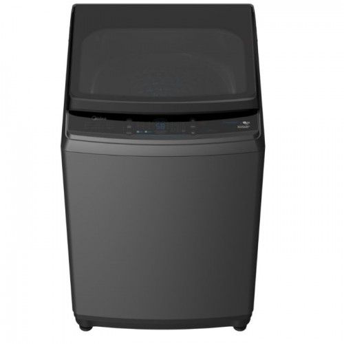 A black washing machine on a white background.