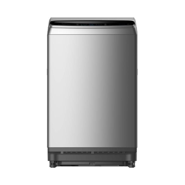 A stainless steel washing machine on a white background.