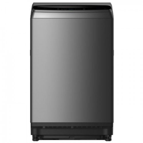 A black washing machine on a white background.