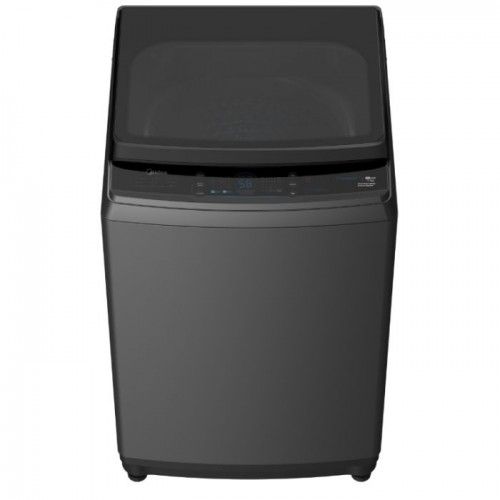 A black washing machine on a white background.