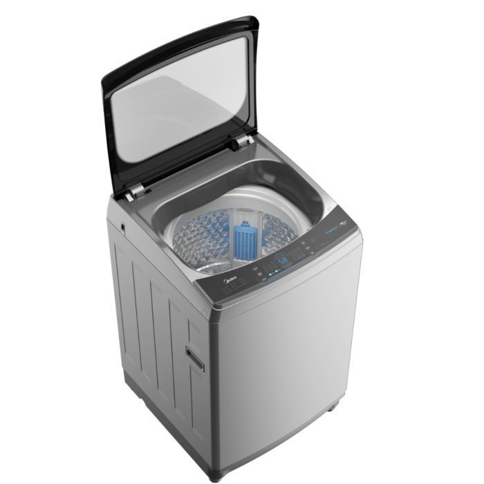 A stainless steel washing machine on a white background.