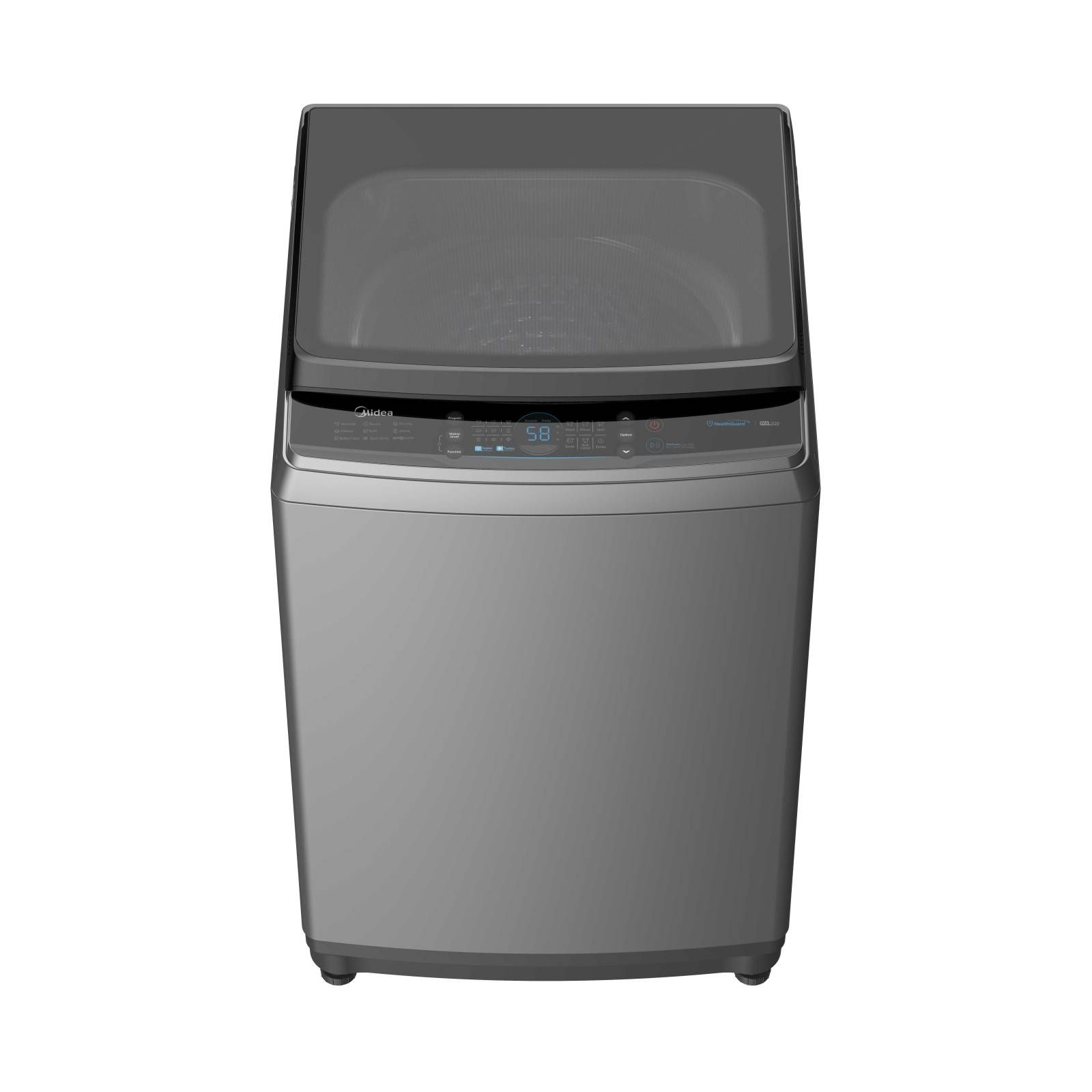 A washing machine with the lid open on a white background.