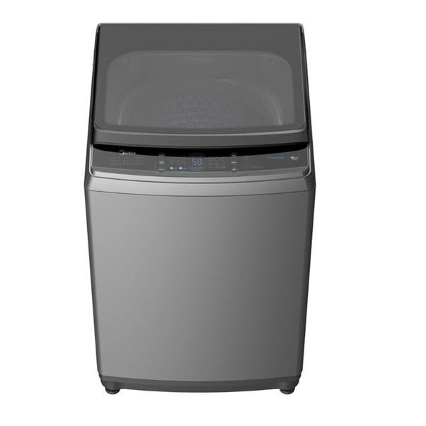 A stainless steel washing machine on a white background.