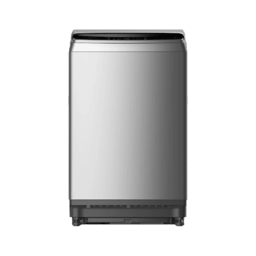 A stainless steel washing machine on a white background.